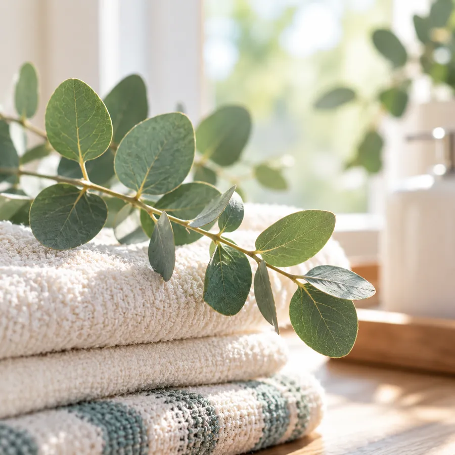 Freshly washed towels folded on a sunny windowsill with eucalyptus
